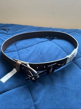 VAN HEUSEN Men's Dark Brown Leather Belt with Black Buckle